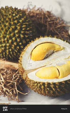 the durian is cut open and ready to eat