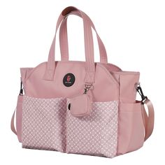 a pink and white bag with two pockets on the front, one has a zippered pocket