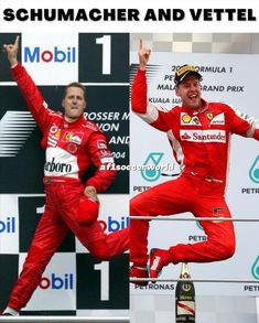 two men in red racing suits jumping on top of each other with their hands up