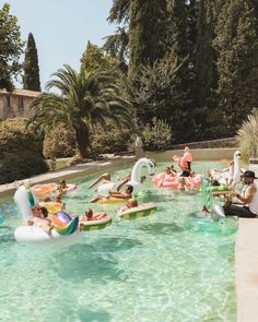 people are in an outdoor swimming pool with floats and flamingos on the sidelines