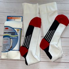 2 Prs +Md Otc Sport Compression Socks 18-25 Mmhg True Gradient White Red Medium One Package New Still Sealed Other Package And Used Ones Excellent Condition Smoke-Free Home Promotes Leg Circulation Helps Reduce Swelling Reduces Leg Fatigue, Enhances Performance, Women’s Shoe Size 10 Through 13 Men’s Shoe Size 10 Through 12 Plusmd Gradual Compression, Over The Counter, Standing, Long Work Hours, Medical Field, Postal Worker, Assembly Line, Nursing, Sports, Training, Exercise, Comfortable Functional White Socks, Comfortable White Functional Socks, Compression Knee-high Socks In White, White Compression Knee-high Socks, Sporty White Knee-high Socks, Fitted Non-slip White Socks, Sporty White Knee-high Hosiery, Comfortable White Knee-high Socks, Red Stretch Sporty Socks