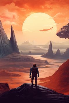 a man standing on top of a mountain next to an alien ship in the distance