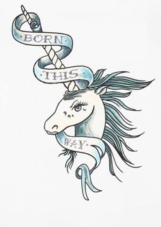 a drawing of a horse with a ribbon around its neck and the words born this day on it