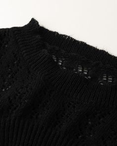 Details: Long-sleeve black crop top with crochet designTopLength: CroppedSleeveLength: Long SleevesMaterials:95% Polyester + 5% Spandex Black Open Knit Cropped Tops, Black Cropped Open Knit Top, Trendy Black Hollow Out Crop Top, Black Open Knit Crop Top For Spring, Textured Knit Crew Neck Crop Top, Black Pointelle Knit Stretch Sweater, Black Stretch Pointelle Knit Sweater, Black Open Knit Top For Fall, Fall Black Open Knit Top