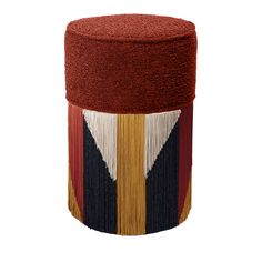 a round ottoman with multicolored stripes and fringes on the top, sitting in front of a white background