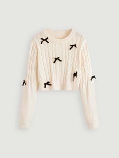 Beige Casual Collar Long Sleeve Acrylic Plain Pullovers Embellished Slight Stretch  Women Knitwear Crochet Sweater Design, Preppy Sweater, Bow Sweater, Buy Sweaters, Pullover Outfit, Cable Knit Jumper, Knitting Women Sweater, Girly Fashion, Cute Sweaters