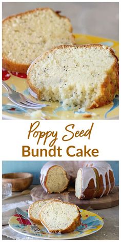 two pictures with different types of bundt cakes on them and the words poppy seed bundt cake