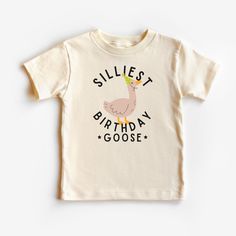 This Silly Goose Birthday graphic tee is 100% cotton, has a tear away tag for your child's comfort and comes in 5 natural Bella Canvas colors. In sizes 2T-5T, make this Silliest Birthday Goose Shirt the cutest addition to your little one's silly goose party! DETAILS .100% Cotton .Bella Canvas tee .Tear away label .Runs true to size .Props in any photos are not included and are for styling purposes only .Colors may slightly vary from styled photos  SIZING This graphic tee design will be printed on a Bella Canvas shirt that is high quality, comfortable and so soft! Sizing runs true to size (please refer to the size chart for exact measurements). If you'd like a more oversized look I would recommend ordering a size up. If you prefer a tighter fit, size down. Sizes are for toddlers and range f Cotton T-shirt With Funny Print For Birthday, Unisex Cotton Birthday Shirt, Funny Unisex T-shirt For Birthday, Birthday Graphic Cotton Tee, Birthday Graphic Tee In Cotton, Birthday Cotton T-shirt With Funny Text, Birthday Cotton Shirt With Funny Print, Birthday Graphic Tee Shirt, Silly Goose Birthday