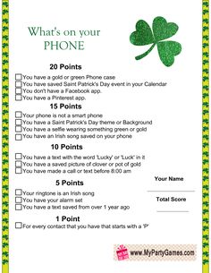 a st patrick's day party game with the text what's on your phone?