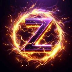 the letter z is surrounded by fire and sparks, as well as an orange circle