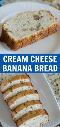 two slices of cream cheese banana bread on a white plate with blue text overlay