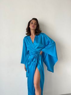 V-neck Satin Kimono For Party, Satin Wrap Kimono For Party, Satin V-neck Kimono For Party, Satin Robe With Kimono Sleeves For Party, Party Satin V-neck Kimono, Silk Kimono Robe For Party, Silk Robe With Kimono Sleeves For Party, Silk Party Robe With Kimono Sleeves, Blue Kimono With Tie Waist