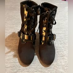 Anne Klein Sport-Size 9.5-Raya- Black Boots With 3.5” Heels. These Are New, Never Worn And Make A Statement. Lace Up Features With Zipper. Unworn. Black High Heel Lace-up Boots, Black Lace-up Mid-calf Boots With Reinforced Heel, Black High-top Synthetic Heeled Boots, High-top Black Synthetic Heeled Boots, Black Lace-up Mid-calf Boots In Faux Leather, Black Lace-up Boots With Buckle Closure And Round Toe, Party High-top Boots With Buckle Closure, Black Synthetic Boots With Buckle Closure, Black Faux Leather Ankle Wedge Boots