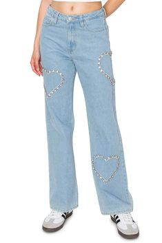 54% Cotton, 33% Polyester, 11% Rayon, 1% Nylon, 1% Other fibers Feature: These heart embellished jeans feature a high waisted relaxed fit cute heart rhinestone details, front button closure and zipper fly. These heart motif embellishment trend in the new jeans are the perfect choice for daily wear, weekend trips, date nights, and more. Versatile Style: Pair these with a crop tee, oversized t-shirt and sneakers for a casual everyday sporty look or layer with hoodies and sweaters. Style it with yo Spring High Rise Jeans With Rhinestones, Spring High Rise Rhinestone Jeans, Trendy Straight Leg Jeans With Rhinestones, Trendy Mid-rise Rhinestone Jeans, Spring High Waist Embellished Jeans, High-waist Embellished Jeans For Spring, Trendy Straight Leg Pants With Rhinestones, Trendy Fitted Jeans With Rhinestones, Trendy High Waist Jeans With Rhinestones