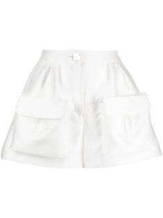 optical white satin finish pleat detailing mid-rise concealed fly and button fastening two front cargo pockets straight hem thigh-length White Cargo Shorts With Side Pockets For Spring, White Cargo Shorts For Spring, Chic White Bottoms With Cargo Pockets, White Chic Bottoms With Side Pockets, Chic White Bottoms With Side Pockets, White Bottoms With Flap Pockets For Spring, Elegant Shorts With Pockets, Elegant Short Length Bottoms With Side Pockets, Chic Bottoms With Flap Pockets For Summer