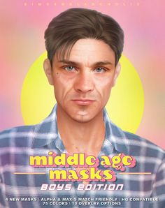 a man in plaid shirt looking at the camera with text on it that reads middle age masks boys edition