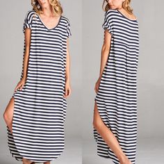 This Bohemian T Shirt Maxi Dress Has A Loose, Slouchy Oversized Fit And Short Sleeves. It Also Features Side Slits And A Round Hem. Size Large Sz L Color: Navy Blue & White Stripes. The Blue Color Is Dark Almost Looks Black. Loc:Rc Oversized V-neck Maxi Dress For Day Out, Casual Long Striped Dresses, Casual Oversized Maxi Dress For Day Out, Casual Oversized Striped Dresses, Casual Oversized Dress With Side Slits, Casual Short Sleeve Maxi Dress With Side Slits, Blue Oversized Maxi Dress With Short Sleeves, White Oversized Casual Maxi Dress, Oversized Blue Maxi Dress With Short Sleeves