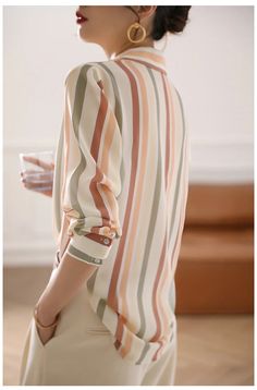 Step up your style game with our Multi Soft Colors Striped Elegant Basic Shirt. With its variety of soft colors and classic striped pattern, this shirt is the perfect versatile addition to your wardrobe. Made with high-quality material, it provides both comfort and elegance for any occasion. Designed by 4COLORDRESS Korean Fashion Shirt, Womens Basic Tops, Women Shirt Top, Autumn Clothes, Basic Shirts, Belleza Natural, Korean Outfits, Shirt For Women, Color Stripes