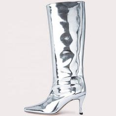 Patent Knee-High Western Boots Trendy Spring Knee-high Boots With Reinforced Heel, Silver Leather Knee-high Boots, Casual Silver Boots For Fall, Elegant High-top Boots For Spring, Silver High Ankle Winter Boots, Silver Casual Boots For Spring, Casual Silver Boots For Spring, Casual Silver Winter Boots, Trendy Silver Boots With Round Toe