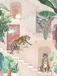 a painting of a tiger and a cat on stairs