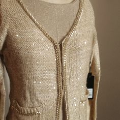 Beautiful Sweater For Holiday Wear Or Gifting! Details Include Chain Trim (Oh, Shades Of Cocoa Channel! ), A Sprinkling Of Golden Sparkles, And Patch Pockets! Wool, Acrylic, Polyester Blend (Exclusive Of Trims). Unworn, Nwt Ready For Cool Weather Wear Or Gift Giving. Labeled S, But Relaxed Fit So More Like A M Or L. Please See Measurements. Casual Fall Holiday Outerwear, Casual Fall Outerwear For Holiday, Fitted Cardigan For Festive Fall Occasions, Fitted Cardigan For Festive Fall Season, Fitted Fall Cardigan For Festive Occasions, Casual Long Sleeve Holiday Outerwear, Fitted Winter Cardigan For Festive Occasions, Fitted Cardigan For Winter Festivals, Festive Long Sleeve Cardigan For Fall