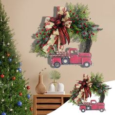 two christmas wreaths are hanging on the wall next to a christmas tree and a red truck