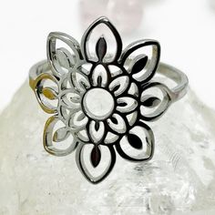 Delicate Bohemian Mandala Ring Bohemian Metal Midi Rings For Weddings, Bohemian Flower Ring For Wedding, Bohemian Silver Crystal Ring Nickel Free, Silver Bohemian Crystal Ring, Bohemian Nickel-free Silver Crystal Ring, White Bohemian Metal Rings, Spiritual Silver Adjustable Flower Ring, Adjustable Silver Spiritual Flower Ring, Adjustable Spiritual Silver Flower Ring