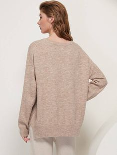 O Neck Batwing Long Sleeve Loose Soft Wool Knitted Pullover Sweater Beige Soft Knit V-neck Sweater For Fall, Oversized Neutral V-neck Sweater, Beige V-neck Sweater For Fall Layering, Beige Knit V-neck Sweater For Fall, Beige V-neck Sweater With Ribbed Cuffs, Beige Knit V-neck Sweater, Brown Knit V-neck Long Sleeve Sweater, Brown Knit V-neck Sweater With Long Sleeves, Beige Crew Neck Knit Sweater