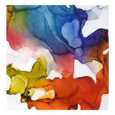 an abstract painting with multicolored paint on it's surface and white background