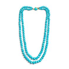 A regal double layered 21 inch long handcrafted necklace with extremely rare and pure Sleeping Beauty Turquoises. This necklace features genuine high grade Robinson Egg Blue turquoises from the sleeping beauty mine in Arizona, delicately strung together with a handmade large solid 18k gold clasp, creating an elegant look. The hand polished beads date back from the late 70's, they are accompanied by a modern 18K gold regal clasp with a large flawless Sleeping Beauty Turquoise stone. You can wear this beauty with any outfit! Furthermore this necklace includes: • Layers of giant hand polished Sleeping Beauty Turquoises (first strand is 18 inch, second strand is 21 inch) • Sky blue Arizona Sleeping Beauty Turquoises graduated in size up to 10.8 mm • large 18K solid gold Sleeping Beauty Turquoi The Sleeping Beauty, Vintage Beads Necklace, 18k Gold Necklace, Sleeping Beauty Turquoise, Handcrafted Necklace, John Galliano, Donna Karan, Turquoise Stone, Turquoise Blue