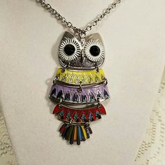 Silver Tone Colorful Sections Black Simulated Crystal Eyes Owl Necklace Multicolor Long Metal Chain Necklace, Adjustable Multicolor Metal Chain Necklace, Nickel-free Multicolor Metal Necklaces, Nickel-free Multicolor Metal Necklace, Multicolor Metal Necklace Nickel-free, Crystal Eyes, Crystal Eye, Long Necklaces, Owl Necklace