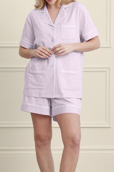 Slip into magnificently soft, four-way stretch cotton. Developed with anti-pilling and zero sagging qualities to last wear after wear. Solid Cotton Sleepwear With Pockets, Casual Lavender Cotton Sleepwear, Classic Cotton Sleepwear For Spring, Fitted Cotton Sleepwear Of Short Length, Fitted Cotton Short Length Sleepwear, Purple Cotton Sleepwear For Relaxation, Fitted Cotton Sleepwear For Relaxation, Classic Fitted Sleepwear For Loungewear, Lavender Cotton Sleepwear For Summer