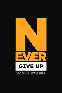 the logo for never give up, with an orange and white letter on black background