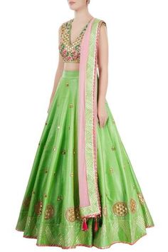 Shop for Neha Khullar Green And Rose Pink Embroidered Lehenga Set for Women Online at Aza Fashions V Neck Lehenga, Embroidered Lehenga, Luxury Sale, Net Dupatta, Green Rose, Embroidery Details, Embroidered Silk, Raw Silk, Festival Wear