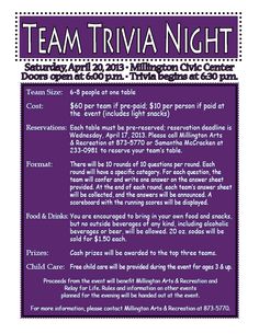 the flyer for team trivia night is shown in purple and black, with information about it