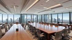 an empty conference room with large wooden tables and chairs in front of huge windows overlooking the city