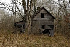 an old run down wooden house in the middle of some tall grass and dead trees