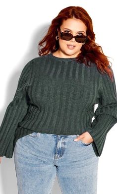 Shop Evans Teal Green Ribbed Knit Bell Sleeve Jumper at Yours Clothing. Discover women’s plus size clothing in sizes 10-36 with fast delivery. Quilted Anorak, Knit Bell Sleeve, Plus Size Jumpers, Party Dress Sale, Curve Fashion, Plus Size Outerwear, Plus Size Sweaters, Denim Coat Jacket, Cozy Outfit