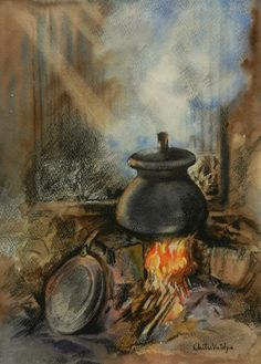 a drawing of a pot sitting on top of a fire