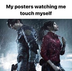 two people standing next to each other in the rain with text that reads, my posters watching me touch myself