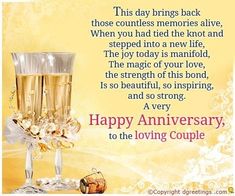 two glasses of champagne with the words happy anniversary to the loving couple