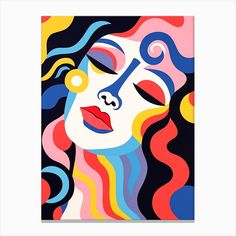 an abstract painting of a woman's face with multicolored hair and eyes