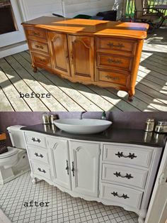 an old dresser turned into a bathroom vanity