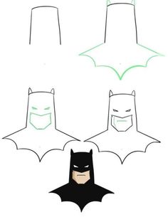 three different versions of batman's face and head, one with the bat symbol on it