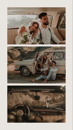 three different shots of people sitting in an old car and one man standing next to a woman