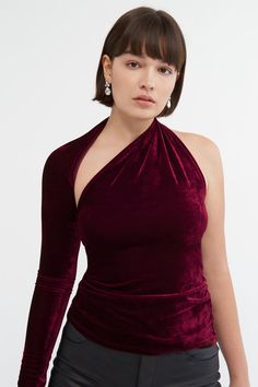 Crimson Velvet Cocktail Top - Manhattan One Shoulder Top | Marcella Fitted Velvet Top For Formal Occasions, Crimson Velvet, Velour Top, Velour Tops, One Shoulder Top, Asymmetrical Tops, A Hug, One Shoulder Tops, The A Team