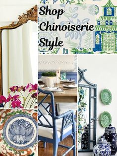 a collage of photos with blue and white vases, flowers, and other decorative items