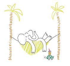 a drawing of an elephant laying on top of a palm tree