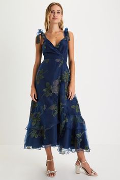 Navy Blue Floral Dress - Tie-Strap Dress - Tiered Midi Dress - Lulus Navy Blue Wedding Guest Dress, Blue Wedding Guest Dress, Elegant Navy Blue Wedding, Formal Casual Outfits, Fall Wedding Guest Outfit, Black Tie Optional Wedding, Blue Wedding Guest Dresses, Wedding Guest Dress Ideas, Wedding Guest Outfit Ideas