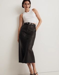 Leather Midi Skirt Leather Midi Skirt Outfit, Closet Upgrade, Midi Skirt Outfit, Swimsuit Brands, Leather Midi Skirt, Fashion People, Pinterest Fashion, Women Midi, Skirt Outfit